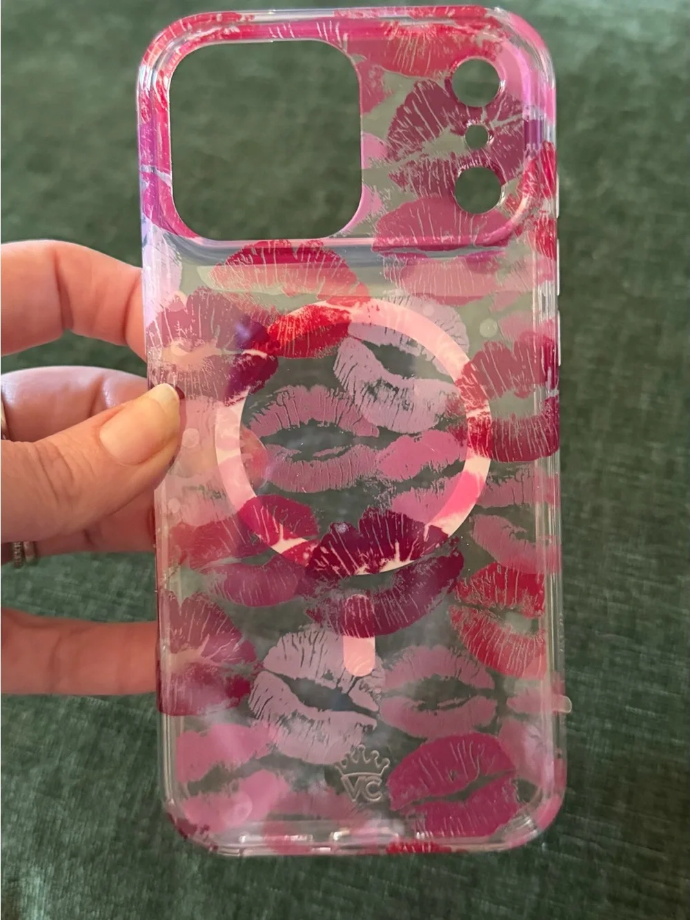 Velvet Caviar Pink lips phone case with matching MagSafe ring